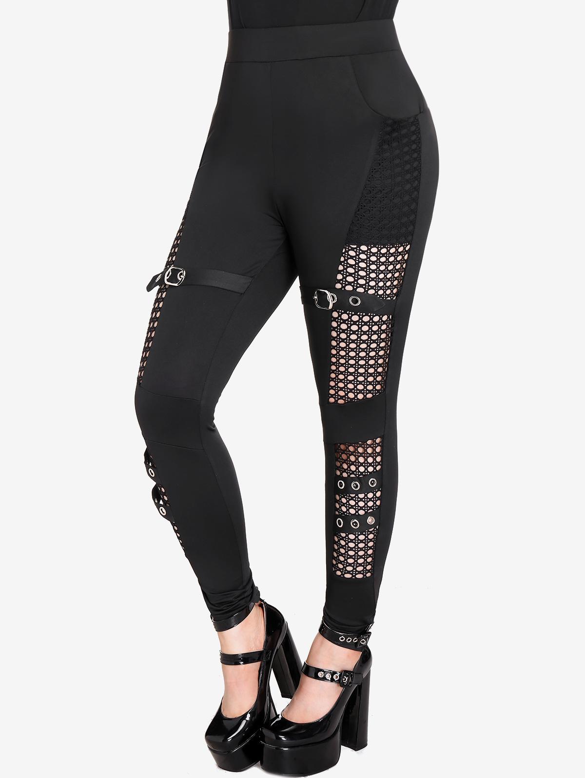 

Rosegal Gothic Fishnet Panel Buckle Grommets Pockets Skinny Pants L чёрный