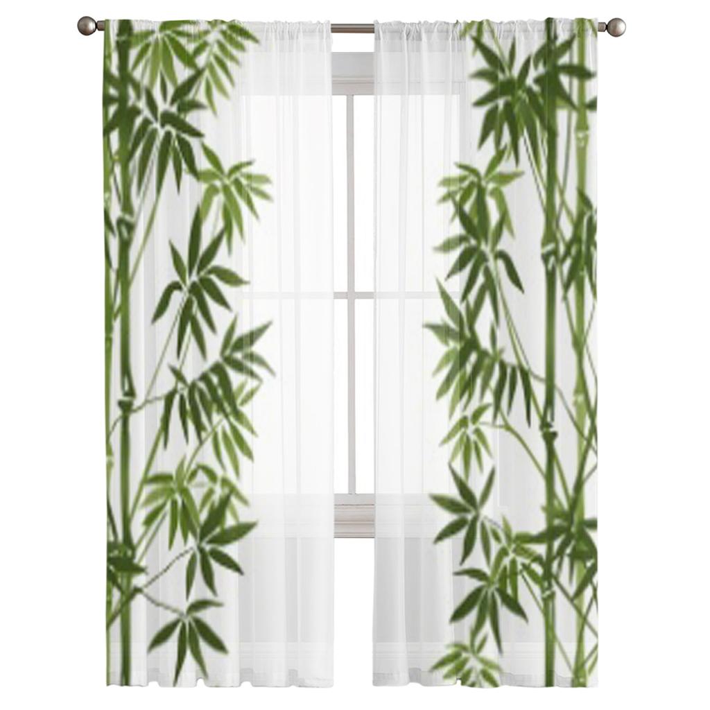 Green Bamboo Forest Tulle Curtains For Living Room Decoration Modern Veil Chiffon Curtains Bedroom Sheer Voile