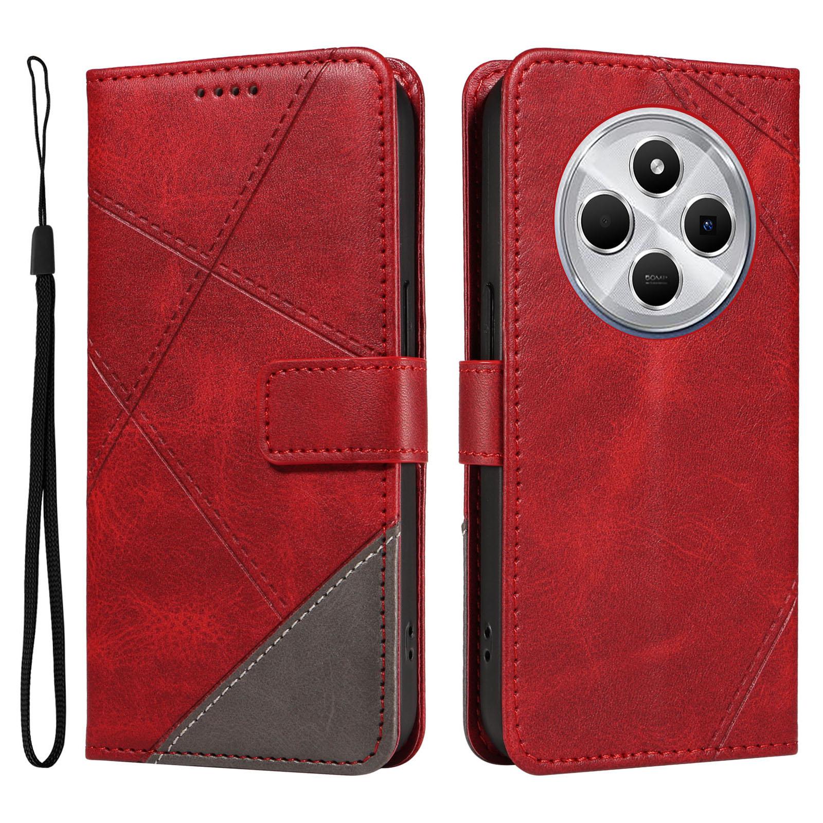 

For Xiaomi Poco C75 4G/Redmi 14R 5G/14C 4G Case Leather Geometric Line Wallet Phone Cover with Wrist Strap Red
