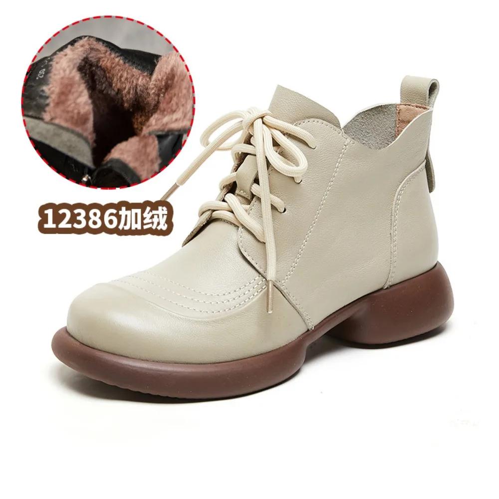 Womens Autumn Winter Vintage Cotton Boots Genuine Leather Soft Sole Anti Slip Short Boots Warm Comfortable Cotton Shoes Women