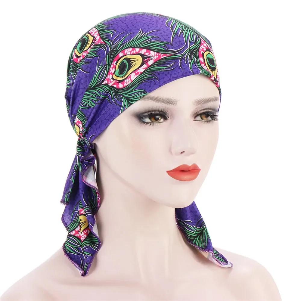 

Women Muslim Print Pre-Tied Hijab Chemo Cap Inner Hats Elastic Cancer Beanies Bandana Hair Loss Underscarf Headwrap Scarf Turban