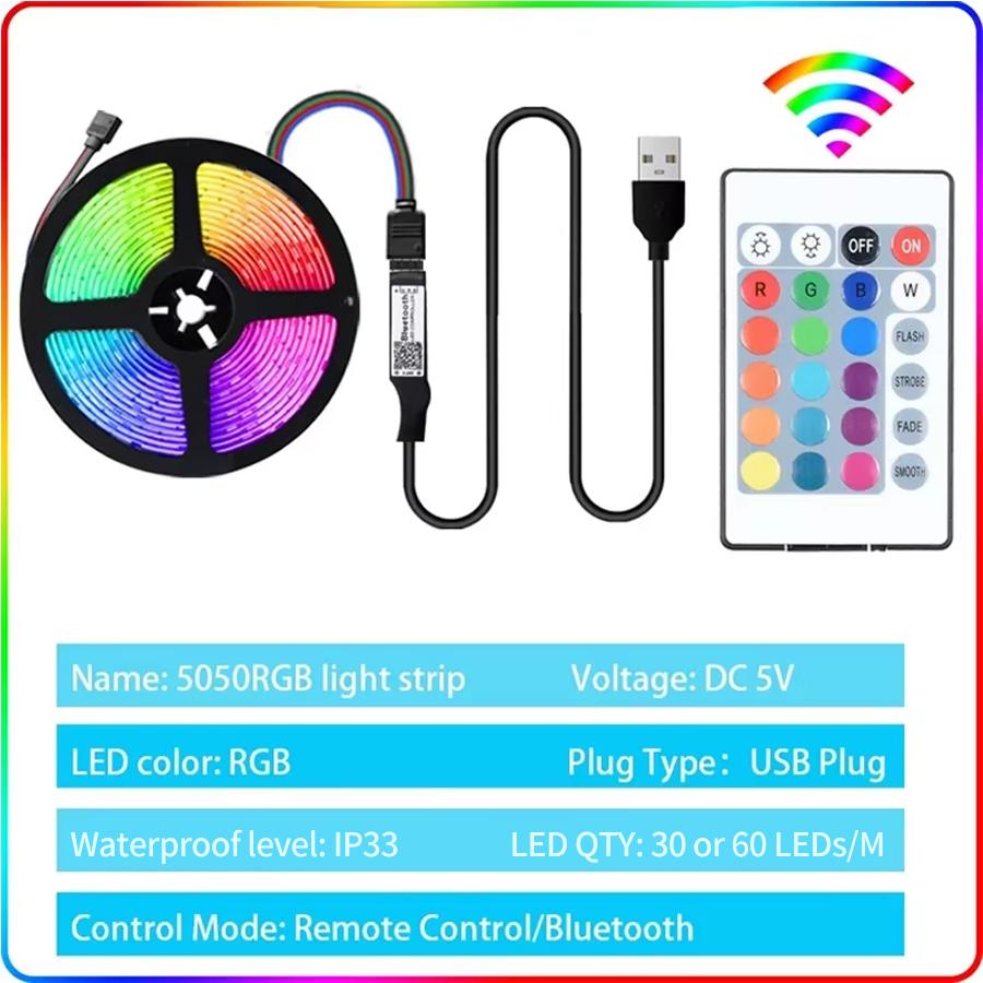 5050 RGB LED Strip Light USB 5V Smart Bluetooth Control IR Remote Flexible Led Tape 30/60 LEDs/M Colorful Ribbon Room Decor