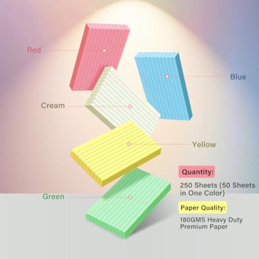 Colored Index Cards 3x5, 250 Pack, Ruled Index Cards, Flash Cards for Studying, Heavy Note Cards for Office, Home and College F