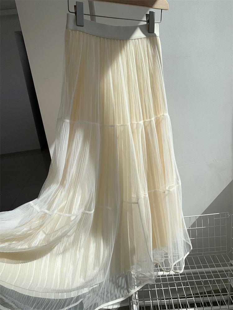 Elegant High-Waist Pleated Mesh Midi Skirt for Women - Summer Style