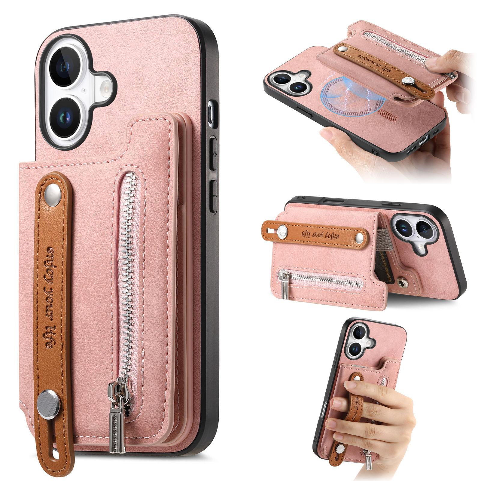 

For iPhone 16 Case Zipper Card Holder Leather+TPU+PC Phone Cover 2-in-1 Magnetic Detachable Pink