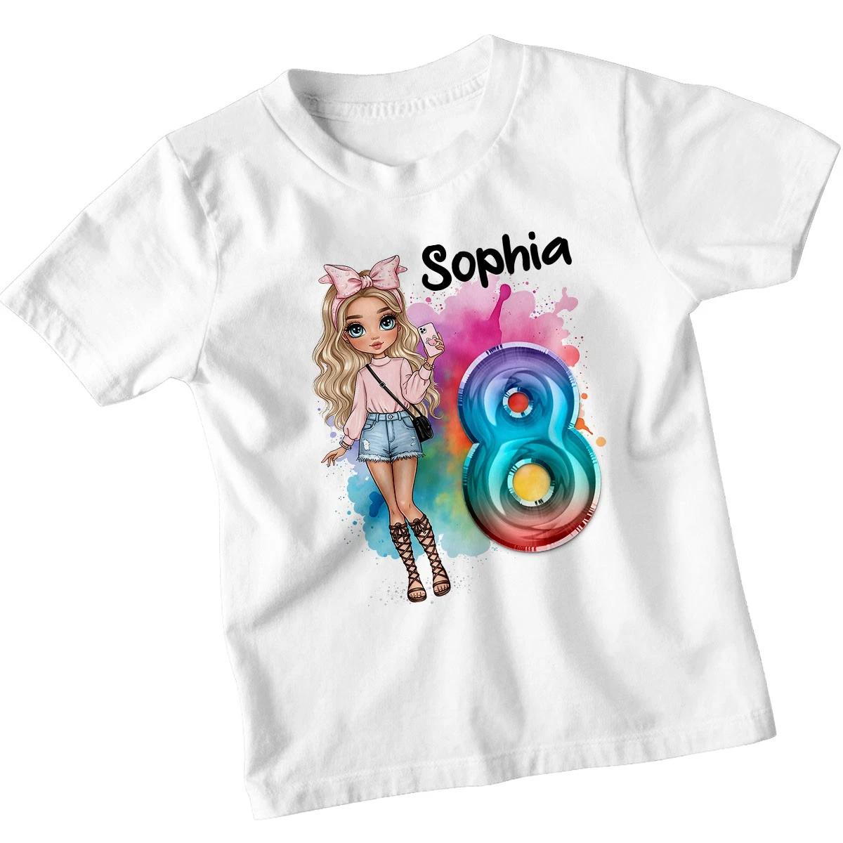 Personalised Girls Birthday T-Shirt Any Age Name Fashion Rainbow Custom Kids Tee 140