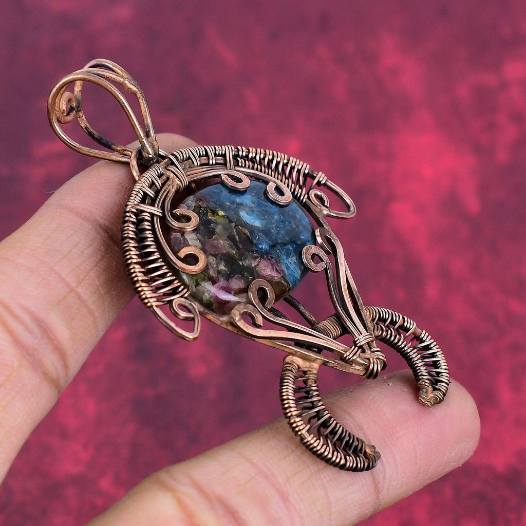 Copper watermelon tourmaline pendant copper wire wrapped gemstone pendant tortoise pendant handmade jewelry wire wrap jewelry gifts for her