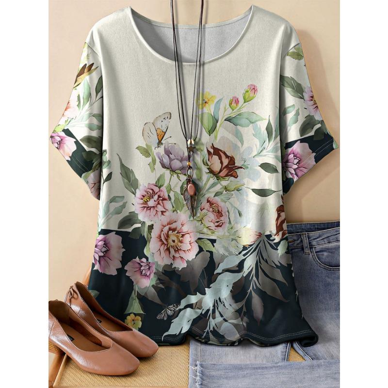 New large size flower print light yellow T-shirt S
