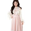 Gentle wind off-the-shoulder dress women's autumn light pink sweet bow lace-up waist cute long dress tide