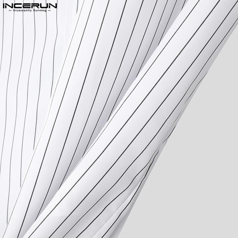 INCERUN Oversized Summer Men Turn-down Collar Short Sleeve Striped Buttons Casual Shirts