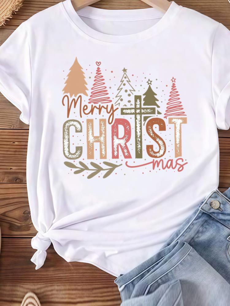 (Asian Size) tree gift happy new year Women's Top T Tee merry Christmas festival O-neck Clothing  Print Fashion ladies Graphic T-shirts