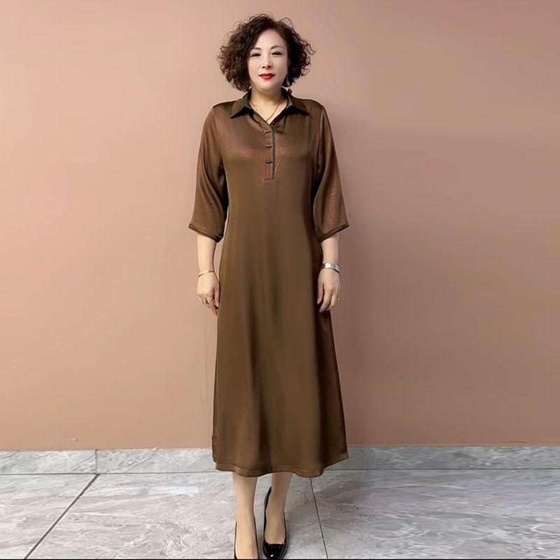 Women’s Silk Dress Summer Lapel Plus-size Dress Solid Color Soft Skin-friendly Breathable Silk Long Dress