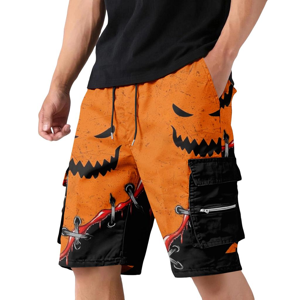 Pantaloncini Cargo da Uomo con Coulisse in Vita e Tasche con Stampa Teschio e Rosa Tema Halloween Vestibilità Larga Stile Streetwear
