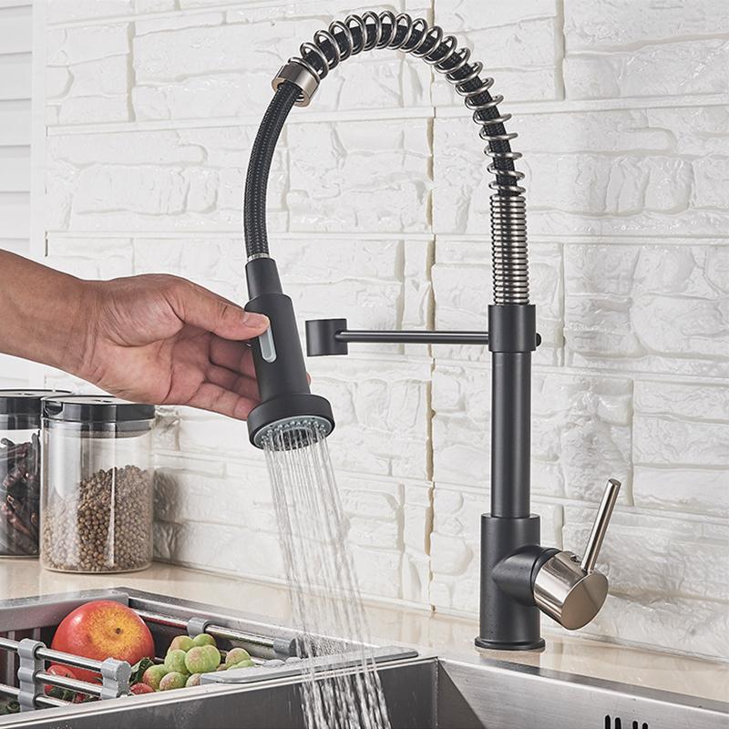 Kitchen Faucet Pull Out Stream Sprayer Deck Mounted Matte Black Mixer Tap 360 Degree Rotation Kitchen Sink Hot Cold Taps