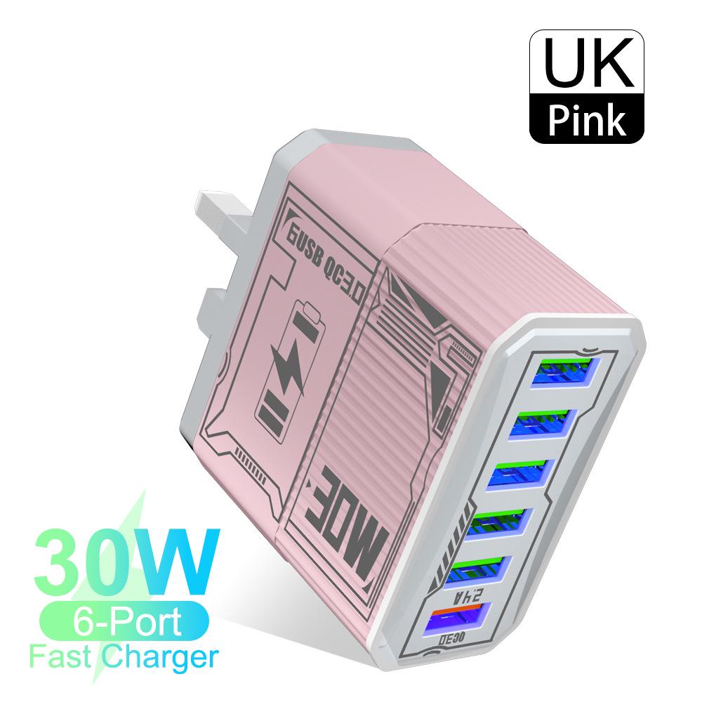 30W 6-Port USB QC3.0 Fast Charger Adapter - EU, US, UK, AU Plug