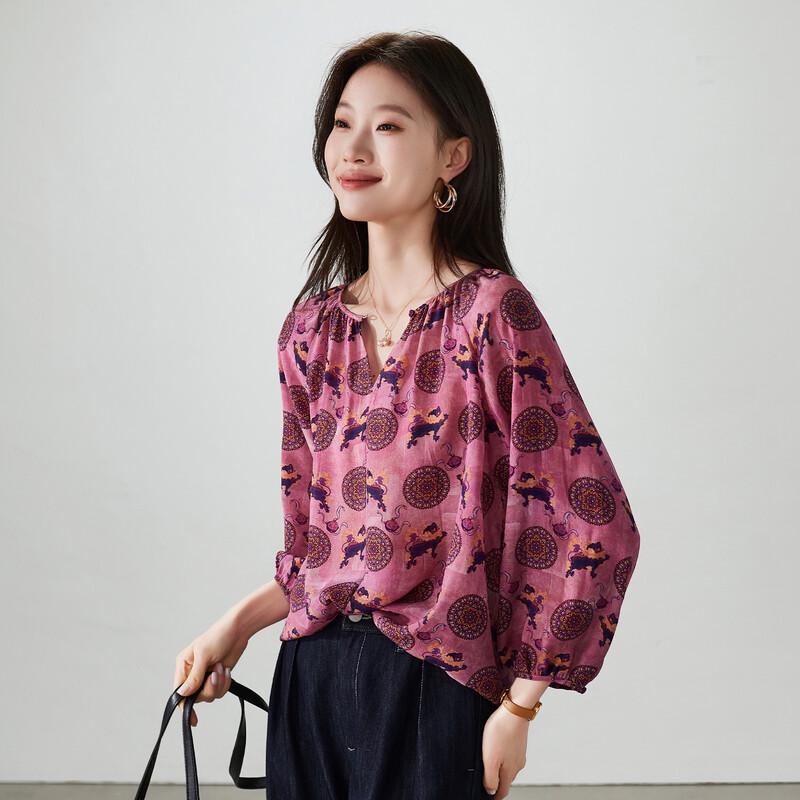 SOFSIL Women s Auspicious Print Mulberry Silk Shirt L