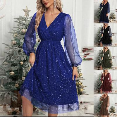 Damen V-Ausschnitt Mesh Langarm Stilvolles Sexy Kleid