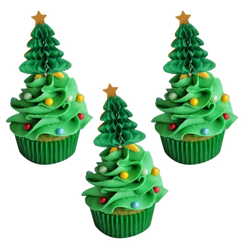 10Pcs Christmas Tree Cupcake Topper Food Fruit Picks Honeycomb Paper Straw 2024 Christmas Party Cake Decoration 2025 New Year