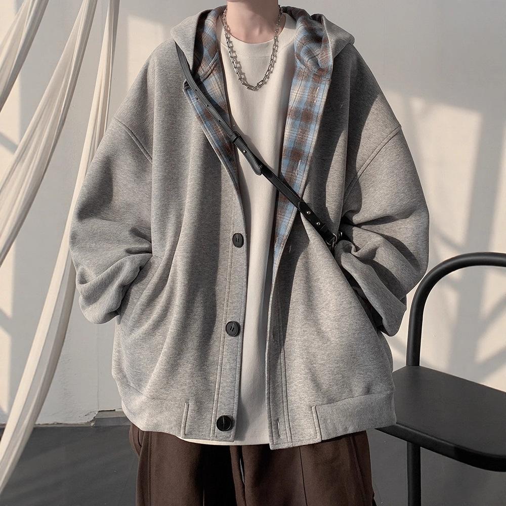 Plaid Cardigan Sweater Men's Heavy Hooded Loose Versatile College Jacket in Autumn and Winter