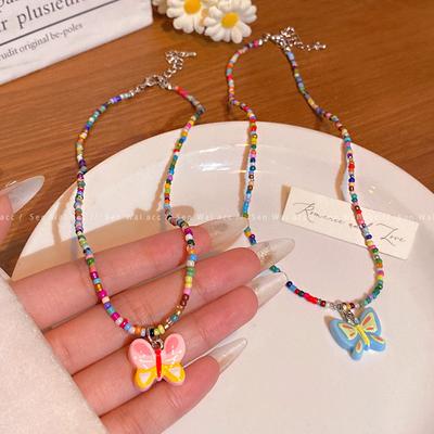 Holiday Sweet Temperament Colored Beaded Necklace Women's Small Fresh Fashion Butterfly Collarbone Chain Neck Chain Accessories