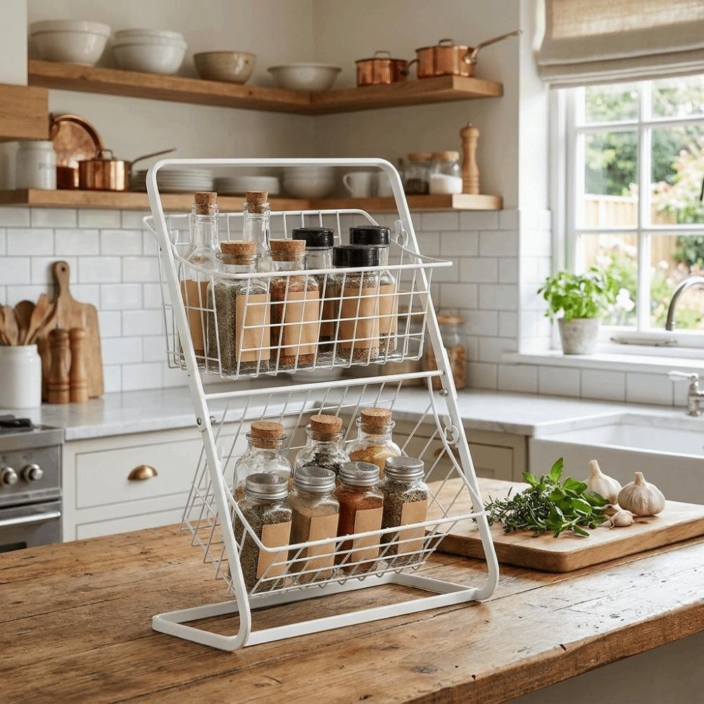 Cesta Portaespecias de Gran Capacidad de 2 Niveles Cesta de Almacenamiento de Frutas y Verduras de Hierro Para Cocina