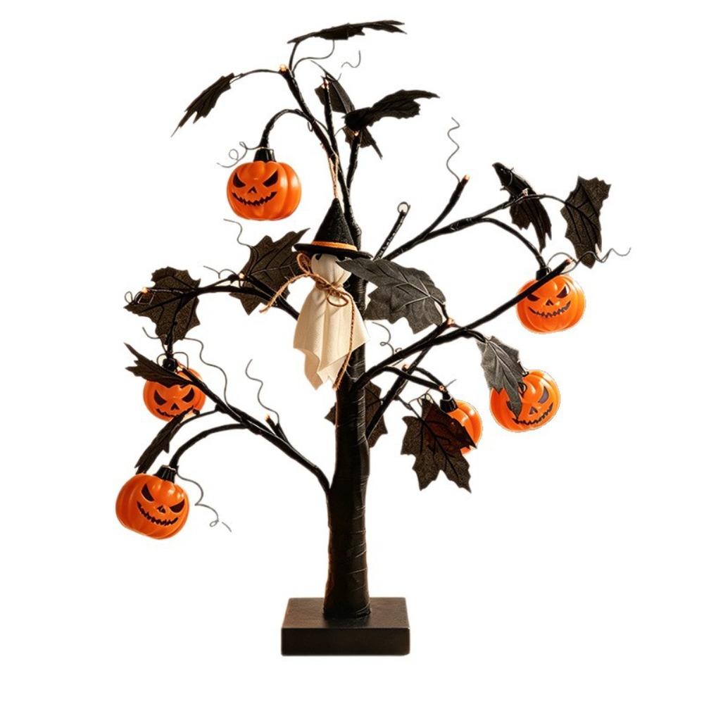 1Pcs 60cm Halloween LED Table Tree Light Black Spooky Tree Lamp Pumpkin Eyeball Ornament for Indoor Party Bedroom Tabletop Decor