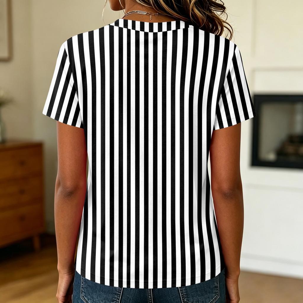 Women's Casual Crew Neck Short Sleeve Pullover T-Shirt Vertical Stripe Print Top Lightweight Soft Fabric Summer Wear