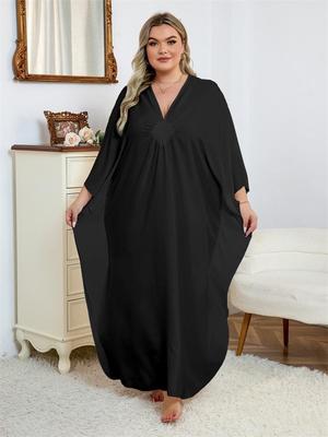Women Plus Size Black Kaftan Sexy V Neck Batwing Sleeve Beach Dress Summer Vacation Beachwear