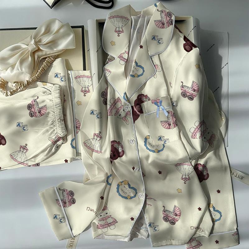 Ice Silk Pajamas Girlish Cartoon Print Long-Sleeved Silk Thin Loungewear
