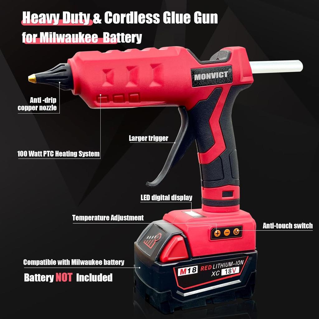 MONVICT 100W Cordless Glue Gun for Milwaukee 18V Battery, Upgraded Digital Temperature Adjustable Handheld Electric Power Full Size Heavy Duty Hot