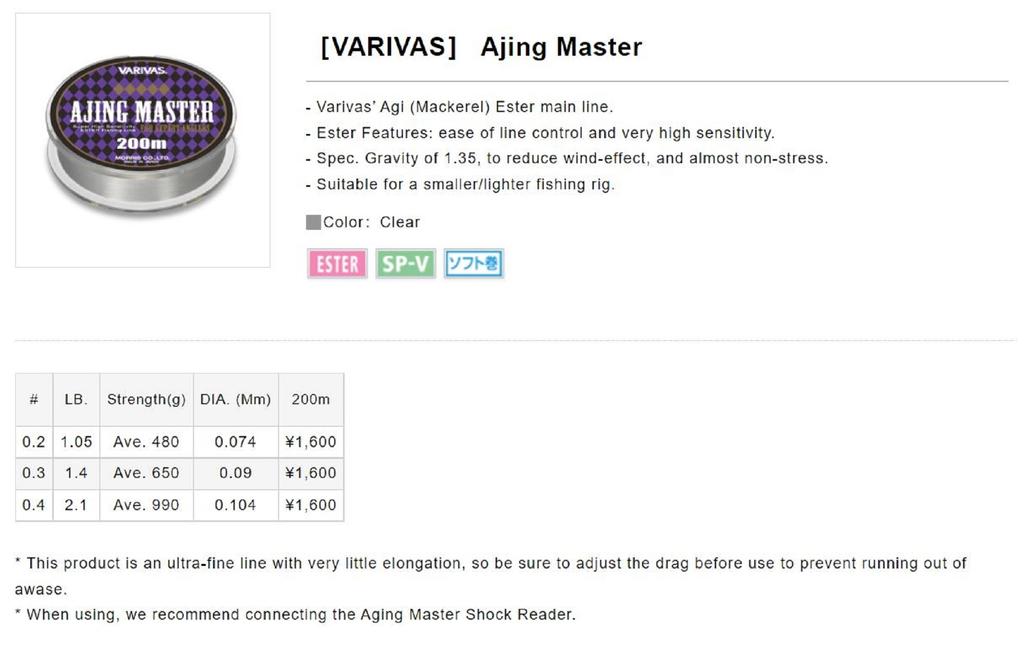 Varivas Ester Line Ajing Master 200m P.E 0.4, 2.1lb (8569)