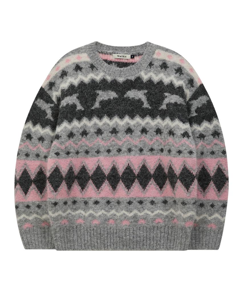 WAIKEI Dolphin Hairy Graphic Knit Gray