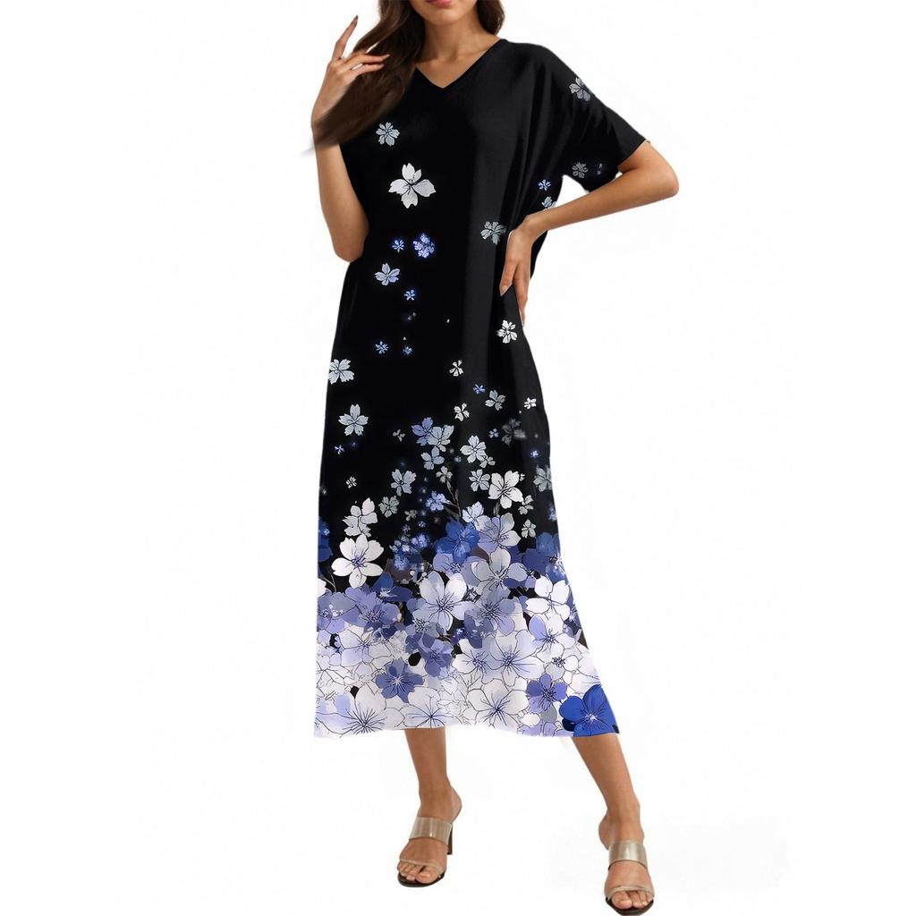 Fashion Women's Summer V-neck Short Sleeve Cotton And Linen Vintage Floral Print Beach Dress