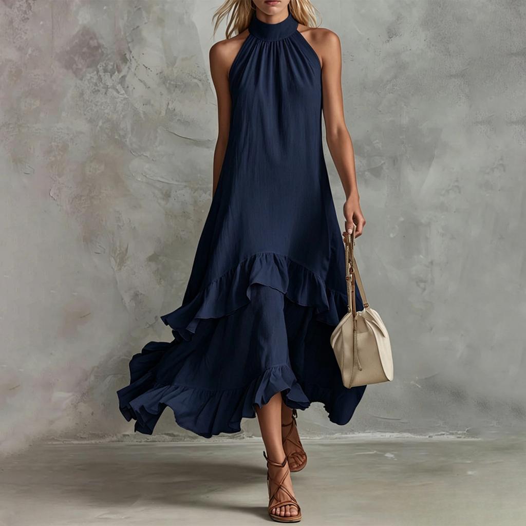Women's Summer Retro Elegant Casual Round Neck Sleeveless Ruffled Midi Beach Dress