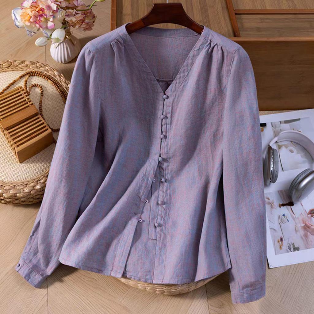 2026 Spring Women's Long Sleeve V-Neck Hemp Shirt - Artistic, Solid Color, Casual & Versatile.