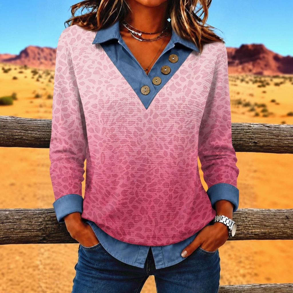 Women's Casual V-Neck Button Trim Leopard Print Long Sleeve Top for Everyday Wear
