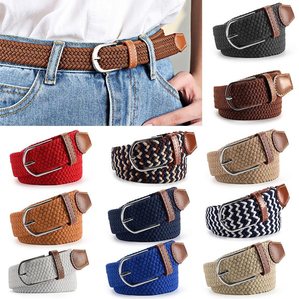 PU Leather Buckle Canvas Belts Elasticated Fabric Waistband Fashion Braided Stretch Belt