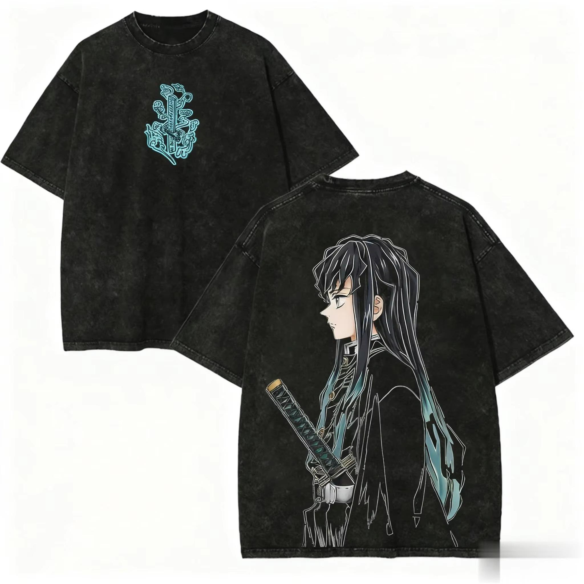 

Demon Slayer Graphic Printed Tshirt Mens and Womens Washed Tshirt High Quality Vintage Cotton Tshirt Harajuku YK Tops L