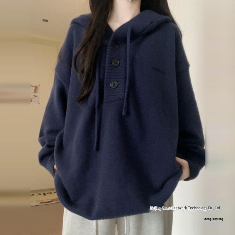 Women's Blue Hooded Knit Sweater - 2025 Autumn/Winter Loose Korean Style