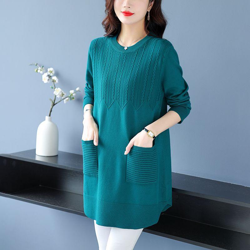 Women's Plus-Size Sweater Autumn Winter Warm Soft Stretchy Knit Top Loose Mid-length Sweater with Pockets
