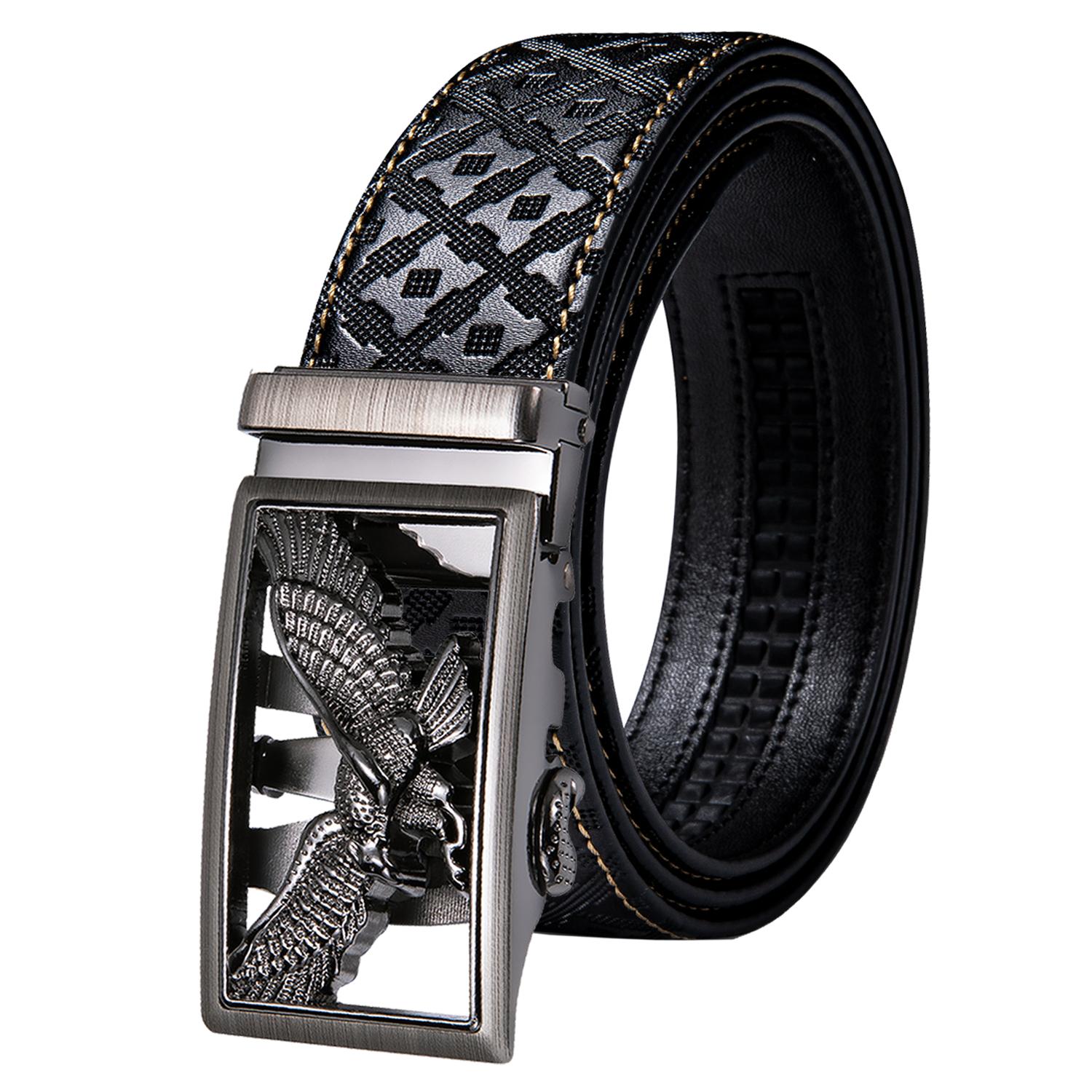 Designer Black Leather Mens Belts Emboss Ratchet Strap Waistband Automatic Buckles Sliding Dress Jeans Belt for Men 110CM-130CM 110cm