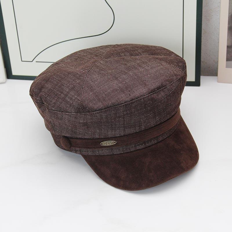 Retro denim splicing navy hat women's autumn and winter suede brim newsboy hat British versatile octagonal flat top hat shows small face