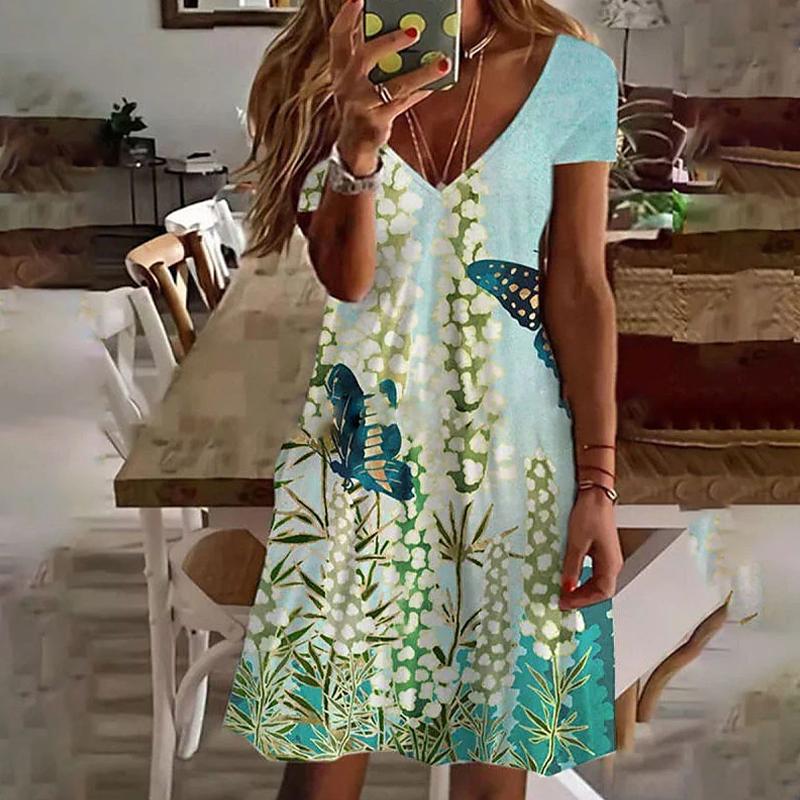 

Летняя мода Женское платье с V-образным вырезом и короткими рукавами, в стиле ретро, с красивым цветочным принтом, сексуальное, с короткой юбкой 8XL зелёный