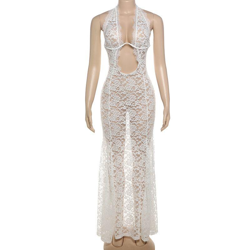

Western Style Ins New Fashion Hanging Neck Hollow Lace Long dress Sexy Backless Sheath Solid Dress Women White L