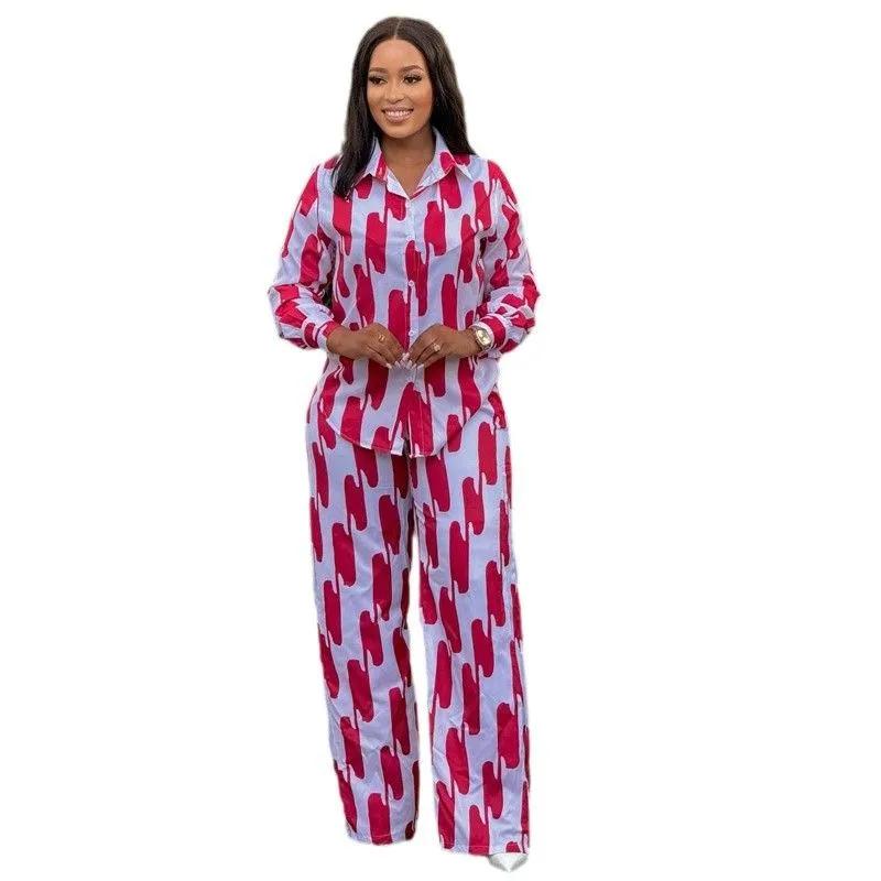 African Fashion Stripe Printed Two Piece Set Women Spring Autumn Casual Button Long Sleeved Shirt Wide Leg Pants Set