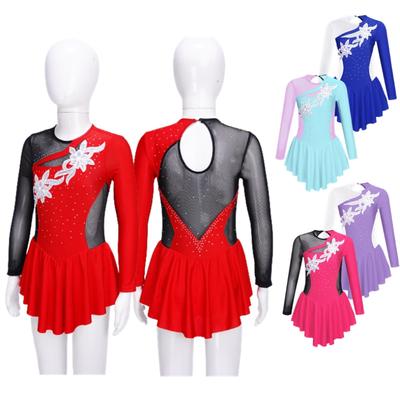 Kids Girls Figure Ice Skating Dress Long Sleeve Sparkly Rhinestone Mesh Splice Gymnastics Leotard Dress Dancewear