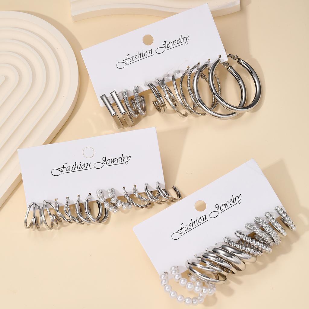 18 Pairs Silver Color Pearl Twist Hoop Earrings Set Vintage Metal Circle Geometric Earrings for Women 2024 Trendy Jewerly Gifts