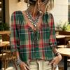 Women's Casual Plaid V-Neck Ruffle Blouse with Tie Neck