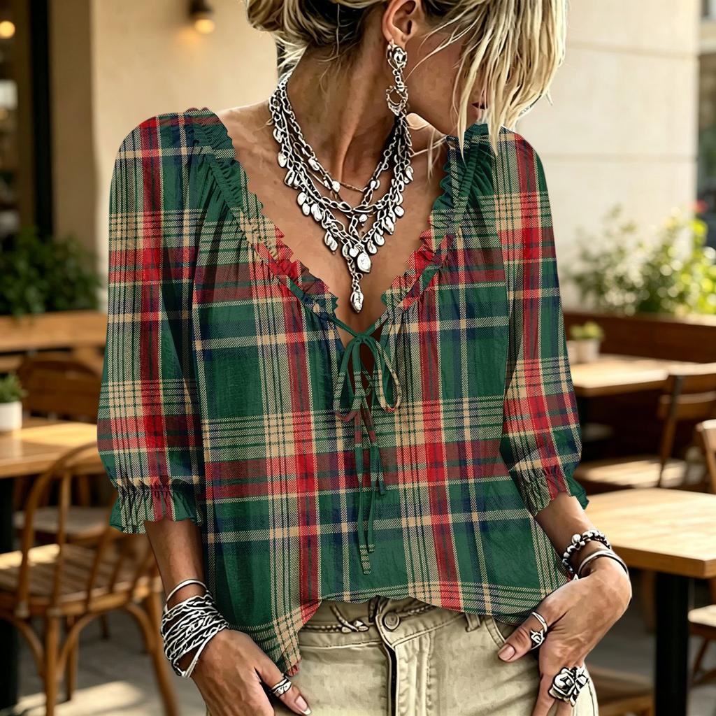Women's Casual Plaid V-Neck Ruffle Blouse with Tie Neck