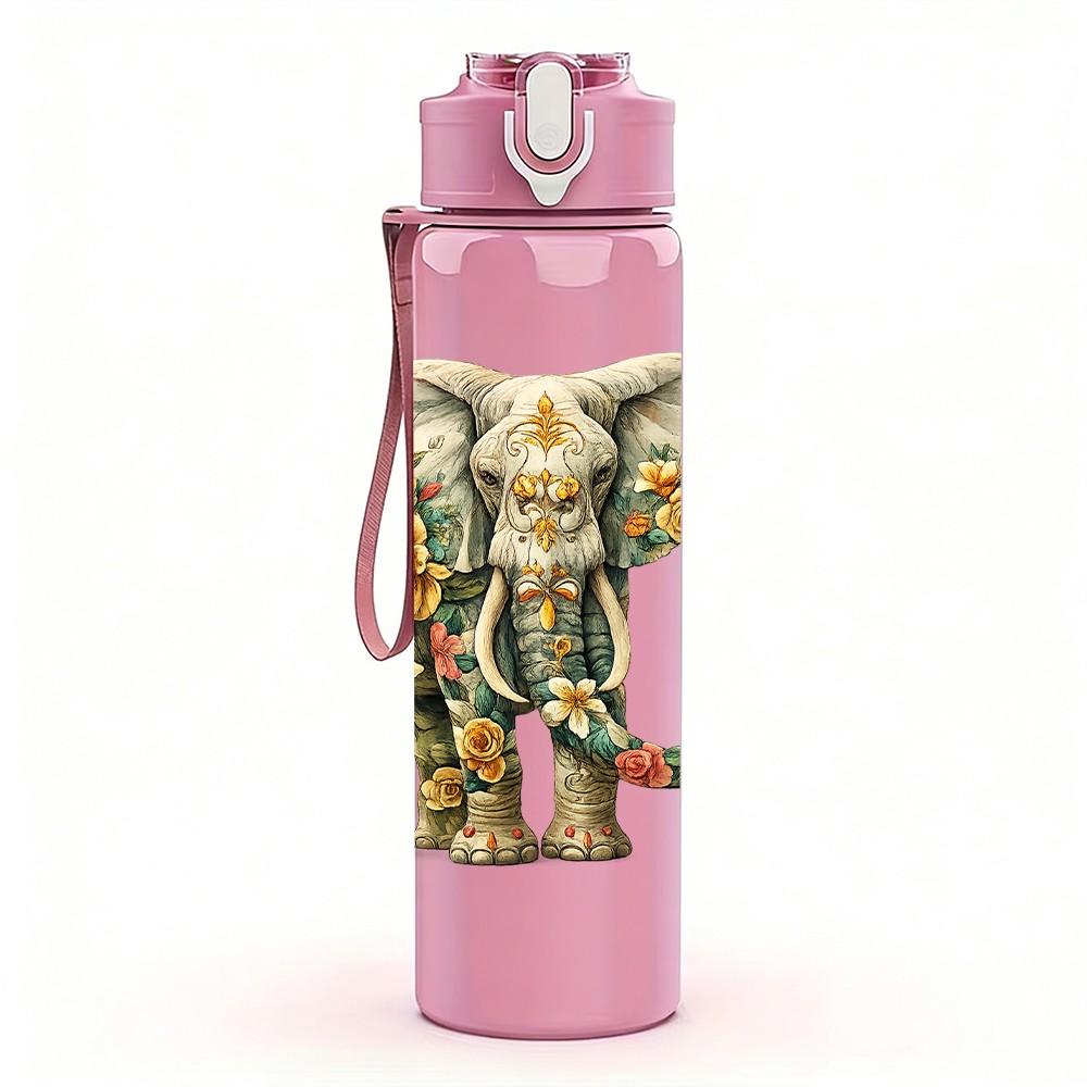 1PC Decorated Bohemian Elephant Print 750ml Color Plastic Sports Water Bottle Leakproof Flip Straw Lid Suitable for Sports Office Home Use